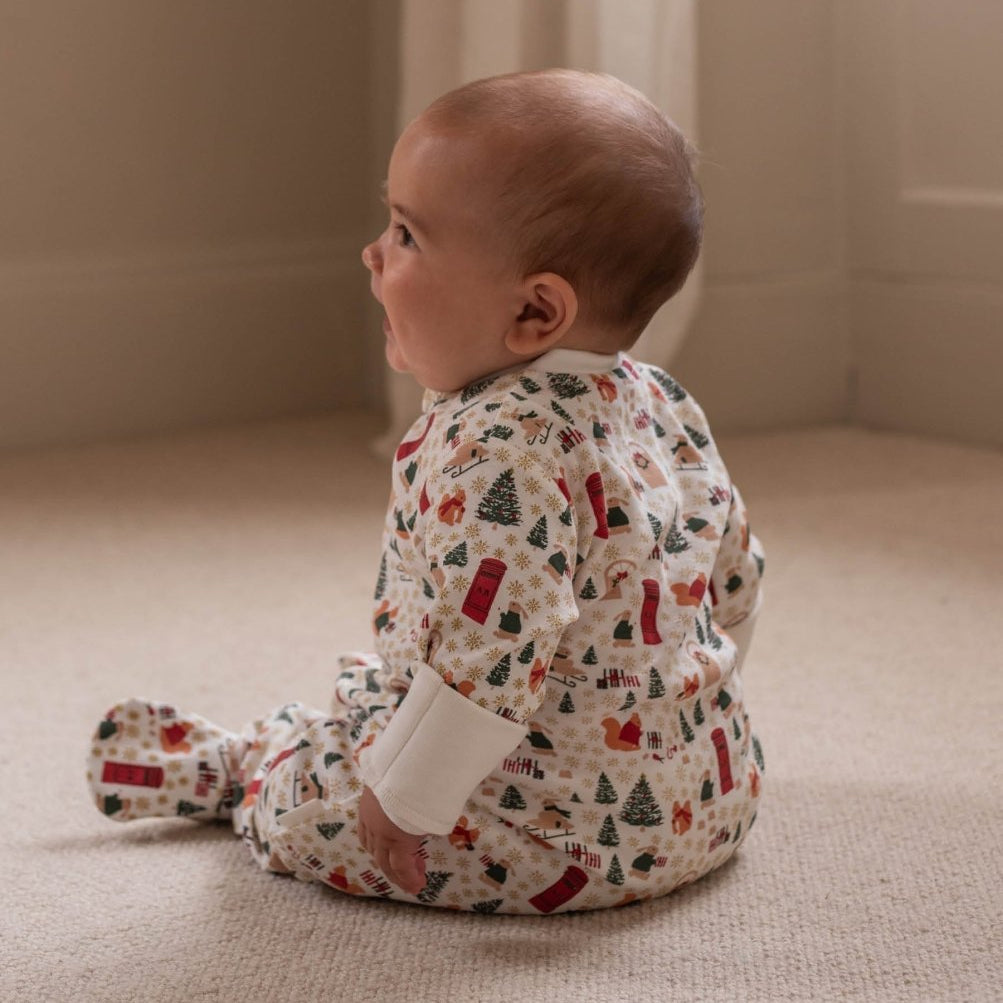 Avery Row Christmas Baby Jersey Sleepsuit - Festive Forest – Baby Clothing for children, available at Learning Bugs UK