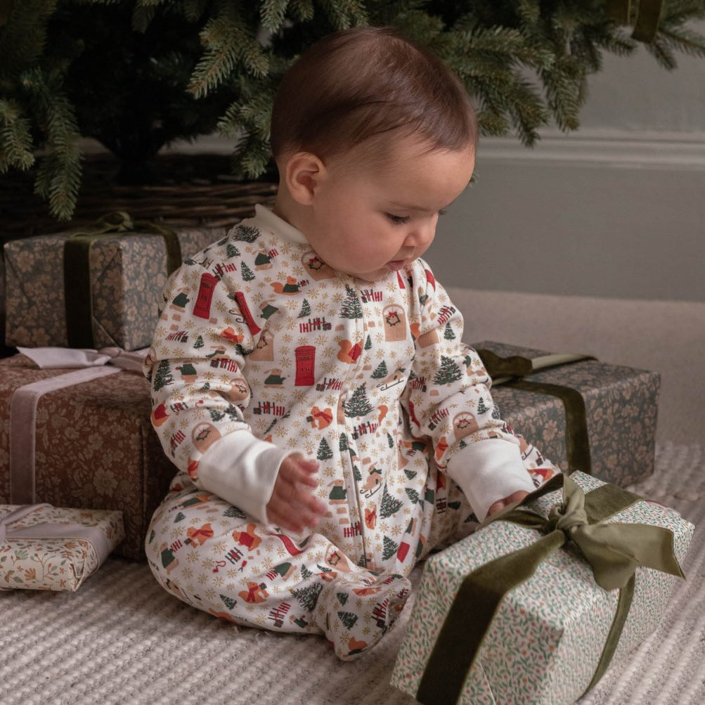 Avery Row Christmas Baby Jersey Sleepsuit - Festive Forest – Baby Clothing for children, available at Learning Bugs UK