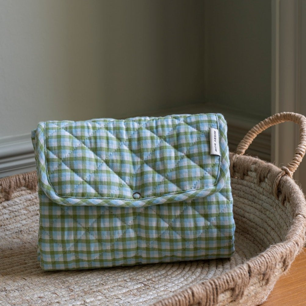 Cotton Travel Baby Changing Mat - Greenhouse Gingham – Changing Bags & Travel Changing Mats for children, available at Learning Bugs UK