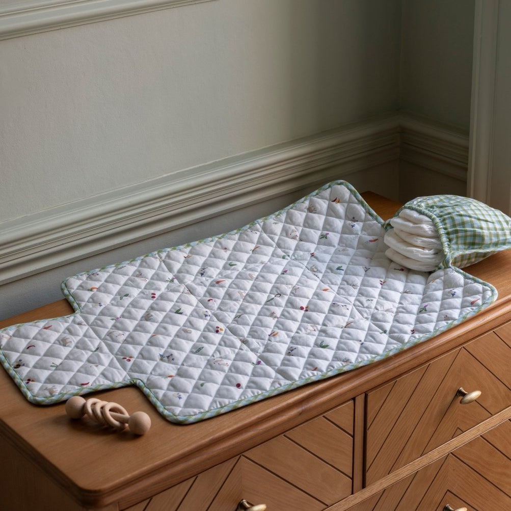 Cotton Travel Baby Changing Mat - Greenhouse Gingham – Changing Bags & Travel Changing Mats for children, available at Learning Bugs UK