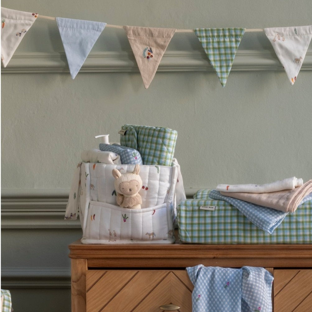 Cotton Travel Baby Changing Mat - Greenhouse Gingham – Changing Bags & Travel Changing Mats for children, available at Learning Bugs UK