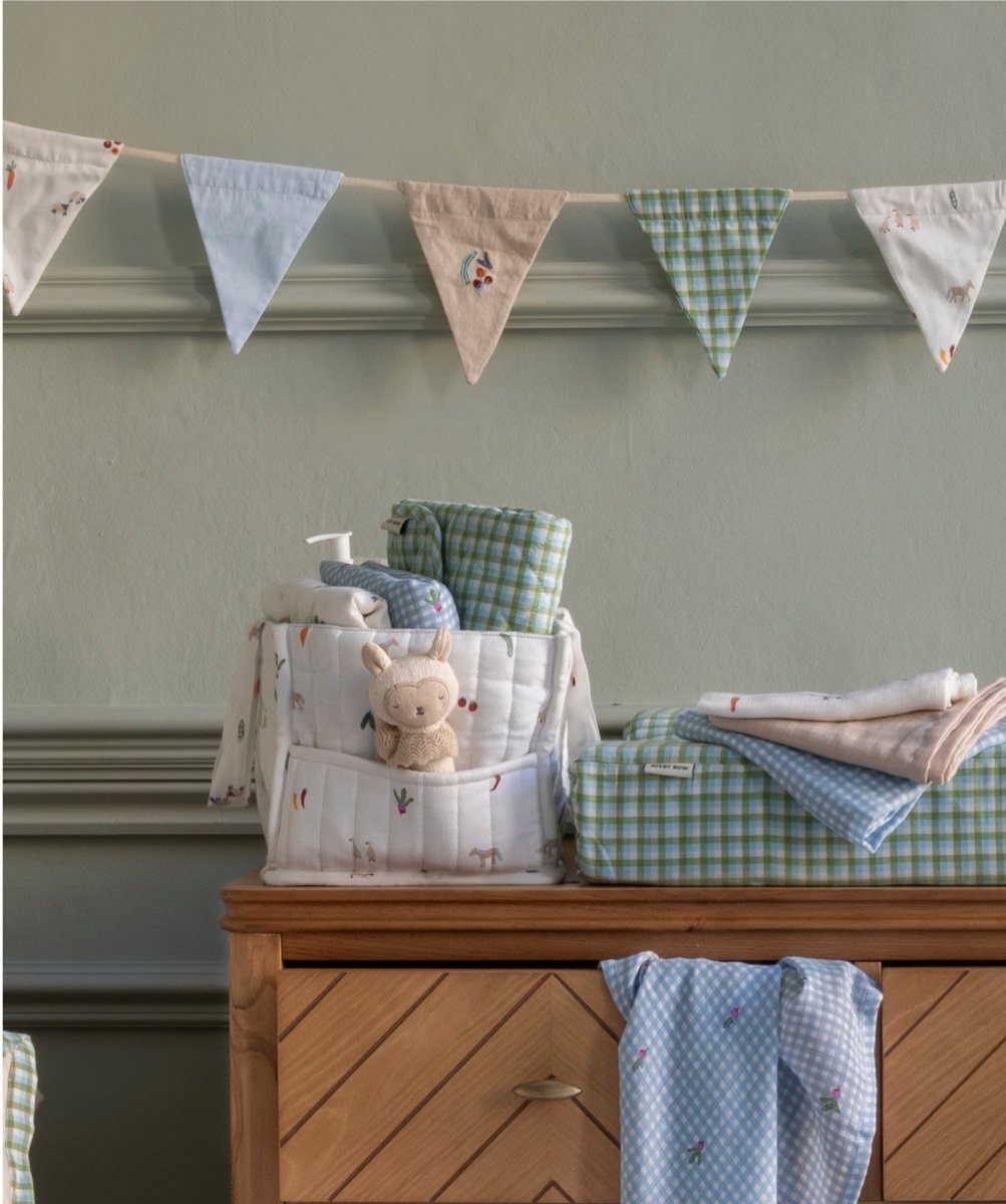 Cotton Travel Baby Changing Mat - Greenhouse Gingham – Changing Bags & Travel Changing Mats for children, available at Learning Bugs UK