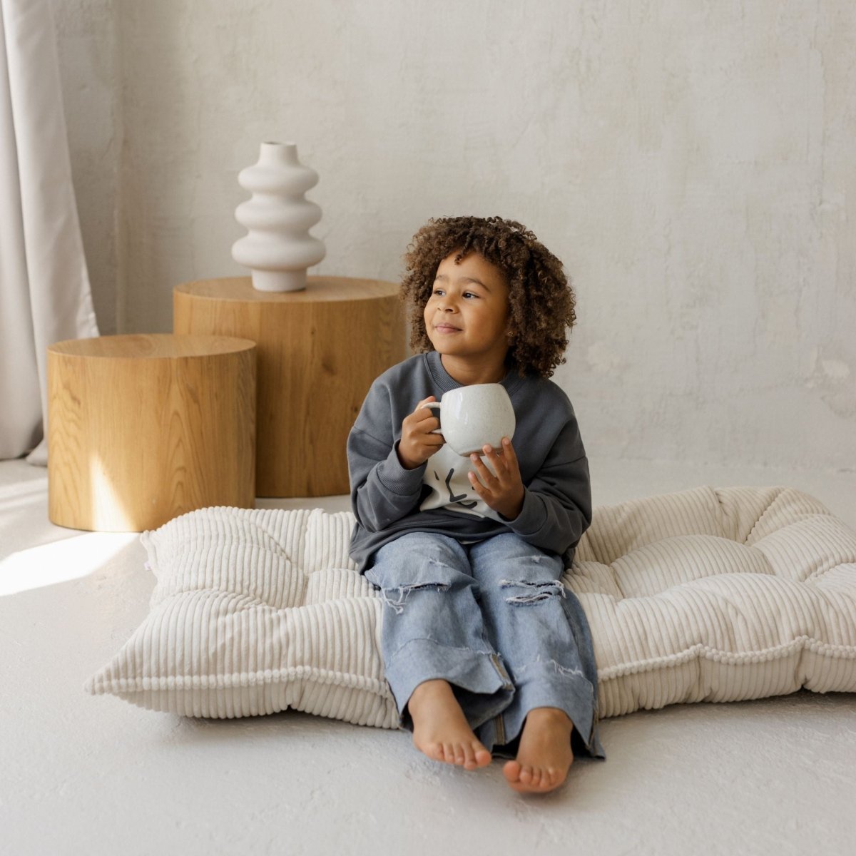 MINICAMP Tufted Corduroy Floor Cushion, French Style Pillow in Ecru – Kids Room Decor for children, available at Learning Bugs UK