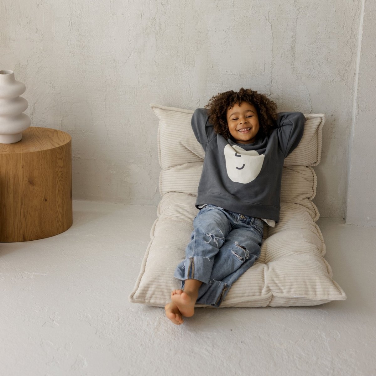 MINICAMP Tufted Corduroy Floor Cushion, French Style Pillow in Ecru – Kids Room Decor for children, available at Learning Bugs UK