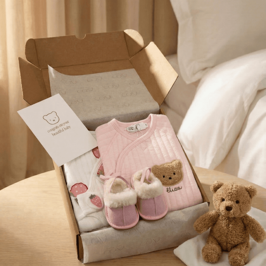 The Cozy Pink Boucle Baby Bear & Strawberry Personalised Gift Box – Gift Sets for children, available at Learning Bugs UK