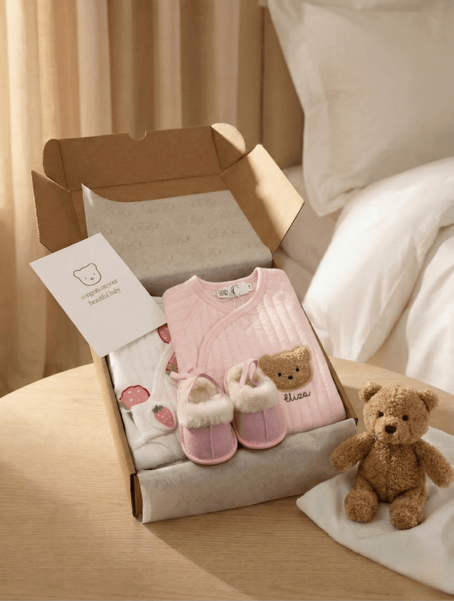 The Cozy Pink Boucle Baby Bear & Strawberry Personalised Gift Box – Gift Sets for children, available at Learning Bugs UK