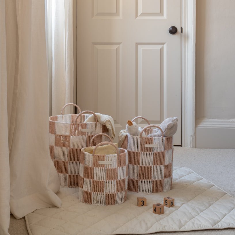 Checkerboard Storage Basket Large - Nude – Storage for children, available at Learning Bugs UK