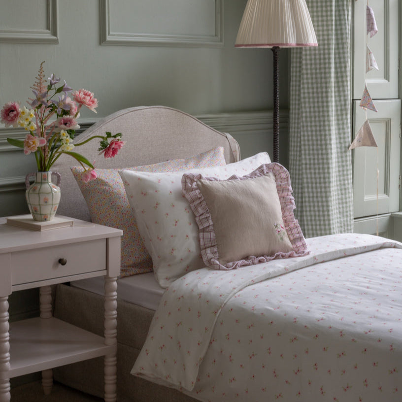 Square Linen Frill Cushion - Pink Check