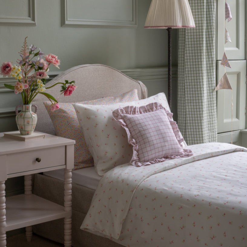 Buy Square Linen Frill Cushion - Pink Check | for kids by Learning Bugs UK