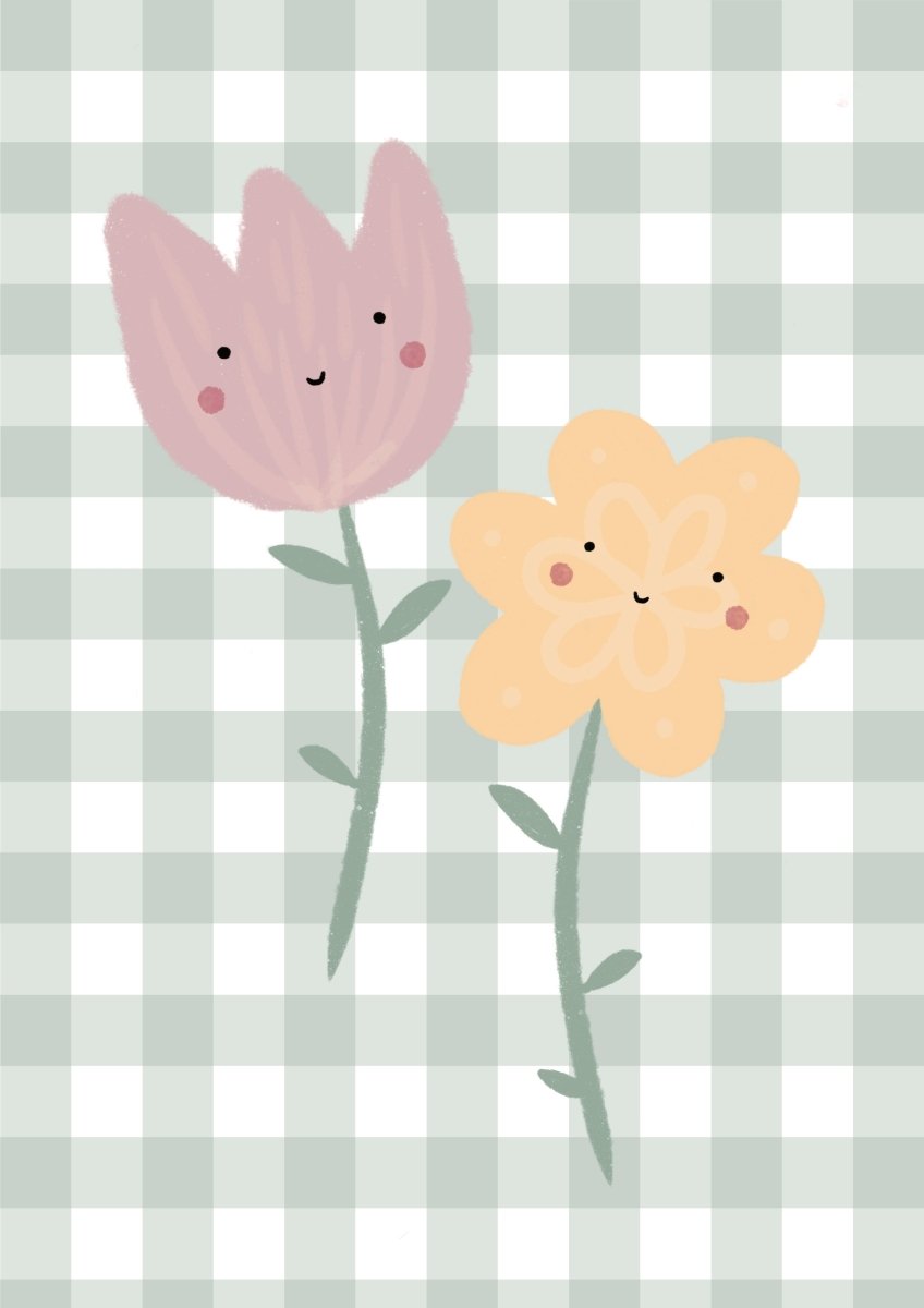Happy Flowers Print - Green Gingham – for children, available at Learning Bugs UK