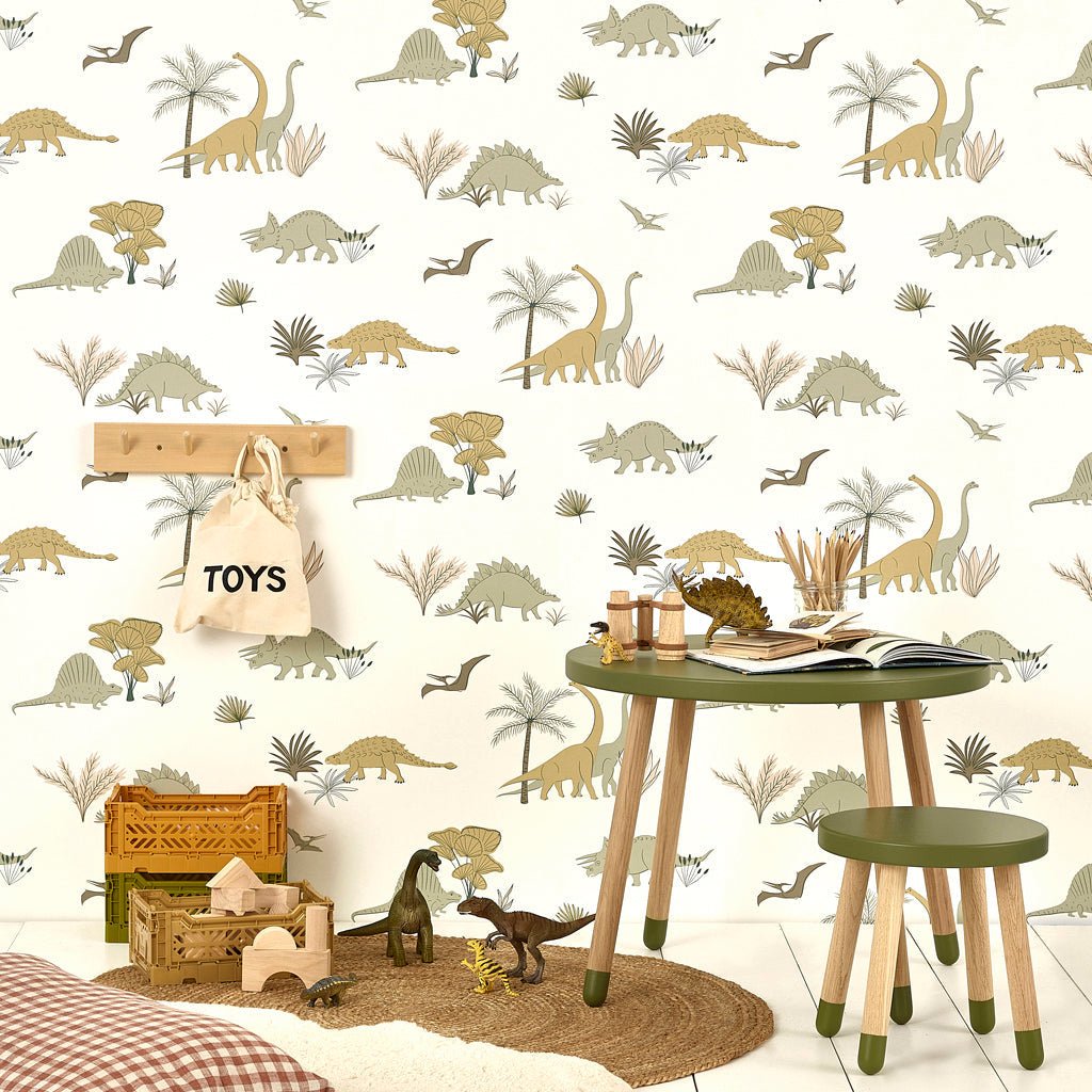 Hibou Design Dinosaurs Wallpaper - Jurassic Grey/Olive – Wallpaper for children, available at Learning Bugs UK