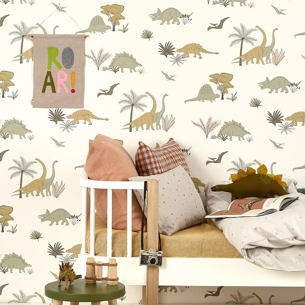 Hibou Design Dinosaurs Wallpaper - Jurassic Grey/Olive – Wallpaper for children, available at Learning Bugs UK