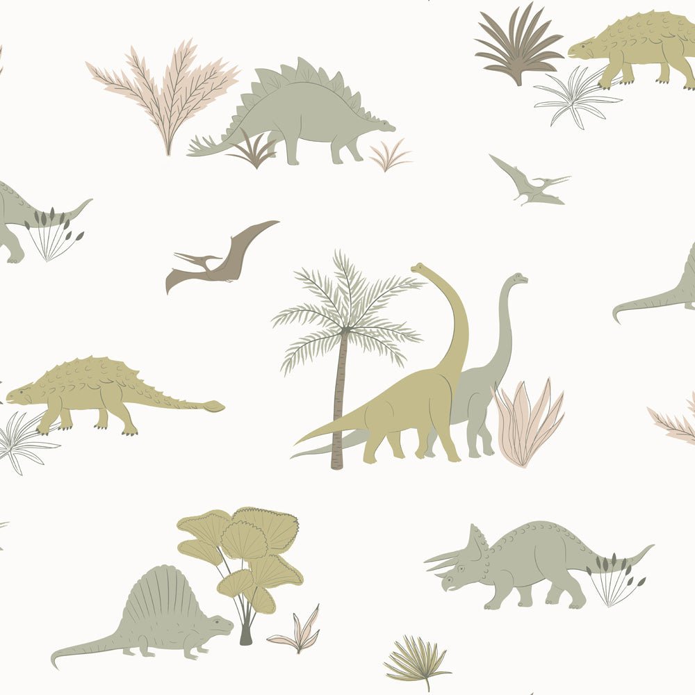 Hibou Design Dinosaurs Wallpaper - Jurassic Grey/Olive – Wallpaper for children, available at Learning Bugs UK