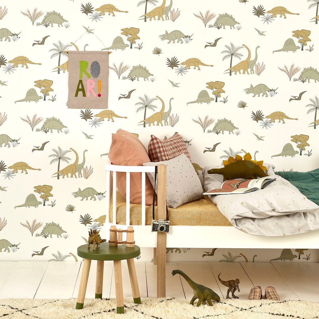 Hibou Design Dinosaurs Wallpaper - Jurassic Grey/Olive – Wallpaper for children, available at Learning Bugs UK