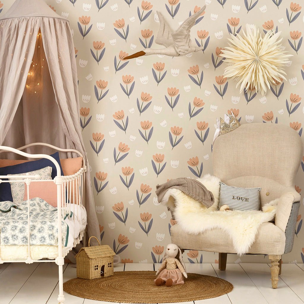 Hibou Design Fleur Wallpaper - Peach/Dusky Blue – Wallpaper for children, available at Learning Bugs UK