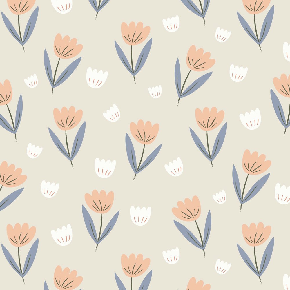Hibou Design Fleur Wallpaper - Peach/Dusky Blue – Wallpaper for children, available at Learning Bugs UK