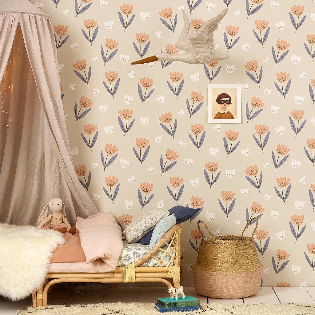 Hibou Design Fleur Wallpaper - Peach/Dusky Blue – Wallpaper for children, available at Learning Bugs UK