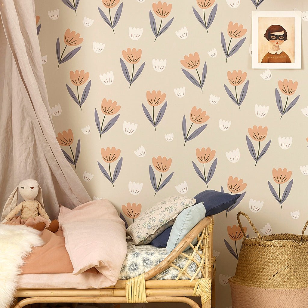 Hibou Design Fleur Wallpaper - Peach/Dusky Blue – Wallpaper for children, available at Learning Bugs UK