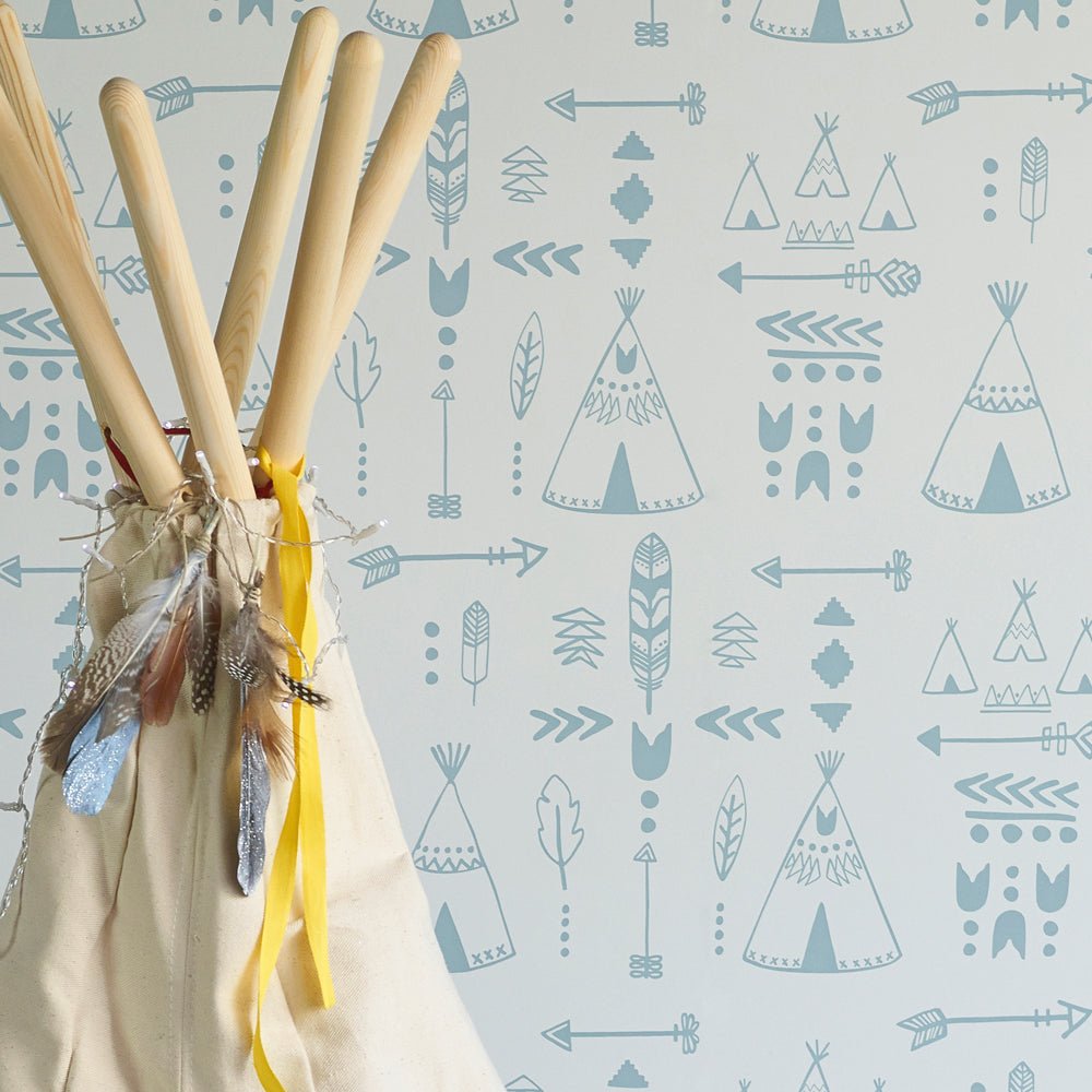 Hibou Design Teepees Wallpaper - Storm Green/Grey – Wallpaper for children, available at Learning Bugs UK