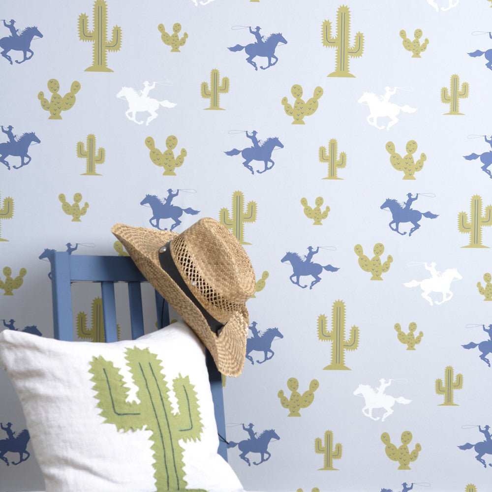Hibou Design Cactus Cowboy Wallpaper - Grey/Blue/Green – Wallpaper for children, available at Learning Bugs UK