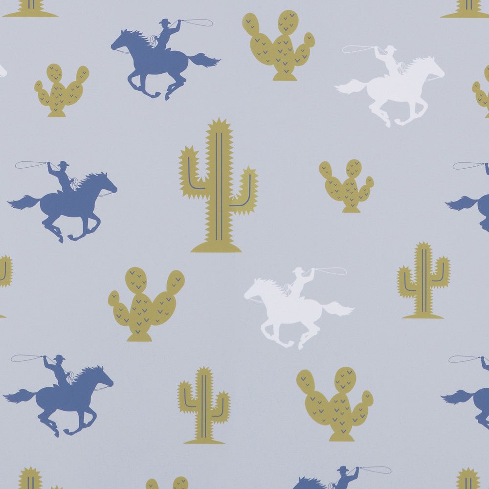 Hibou Design Cactus Cowboy Wallpaper - Grey/Blue/Green – Wallpaper for children, available at Learning Bugs UK