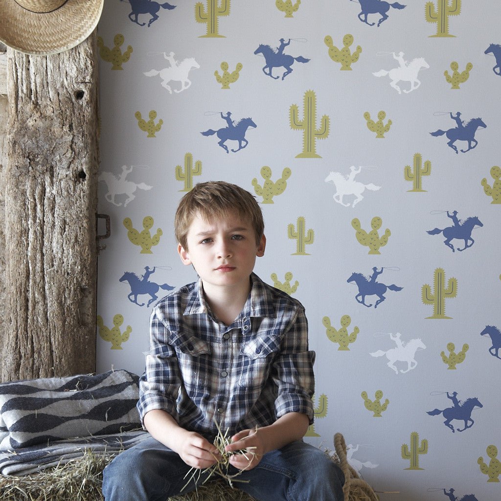 Hibou Design Cactus Cowboy Wallpaper - Grey/Blue/Green – Wallpaper for children, available at Learning Bugs UK
