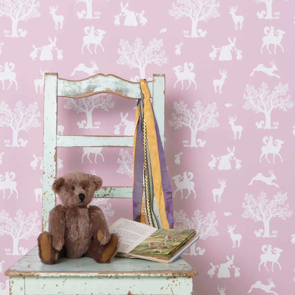 Hibou Design Enchanted Wood Wallpaper - Peony Pink – Wallpaper for children, available at Learning Bugs UK