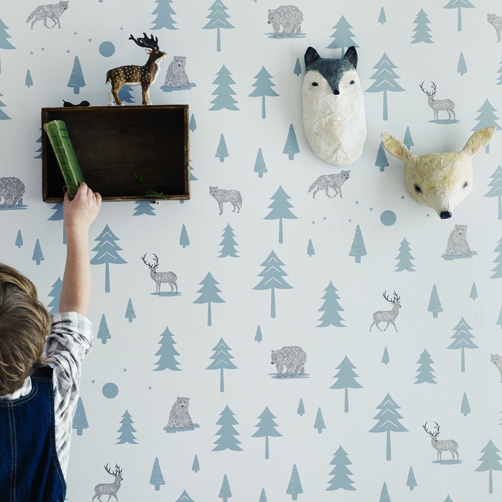 Hibou Design Into the Wild Wallpaper - Grey/Storm Green – Wallpaper for children, available at Learning Bugs UK