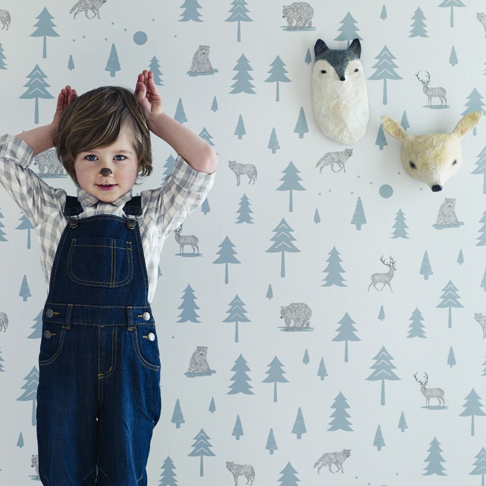 Hibou Design Into the Wild Wallpaper - Grey/Storm Green – Wallpaper for children, available at Learning Bugs UK