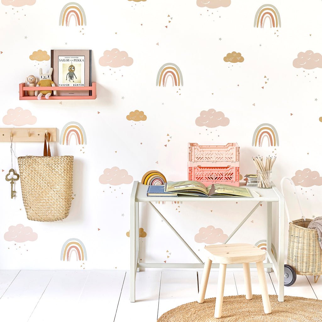 Hibou Design Rainbows Wallpaper - Mustard/Rose – Wallpaper for children, available at Learning Bugs UK