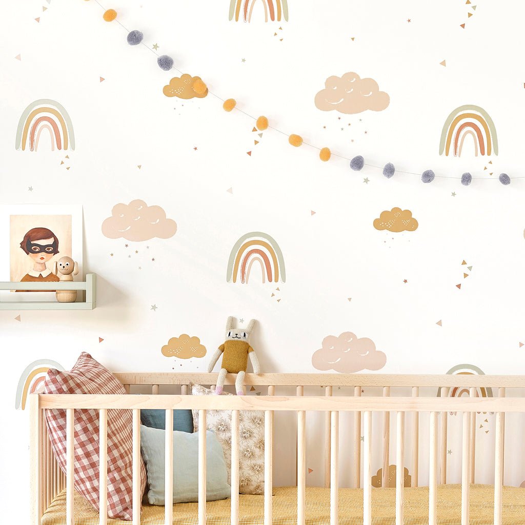 Hibou Design Rainbows Wallpaper - Mustard/Rose – Wallpaper for children, available at Learning Bugs UK