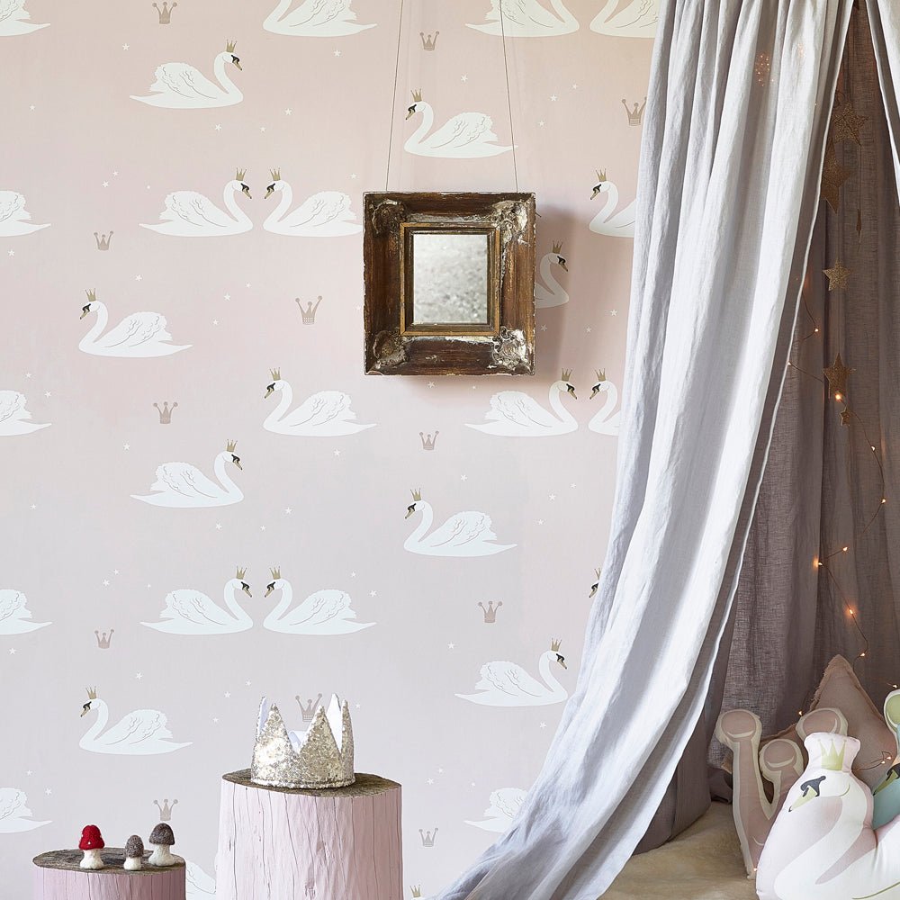 Hibou Design Swans Wallpaper - Pale Rose – Wallpaper for children, available at Learning Bugs UK