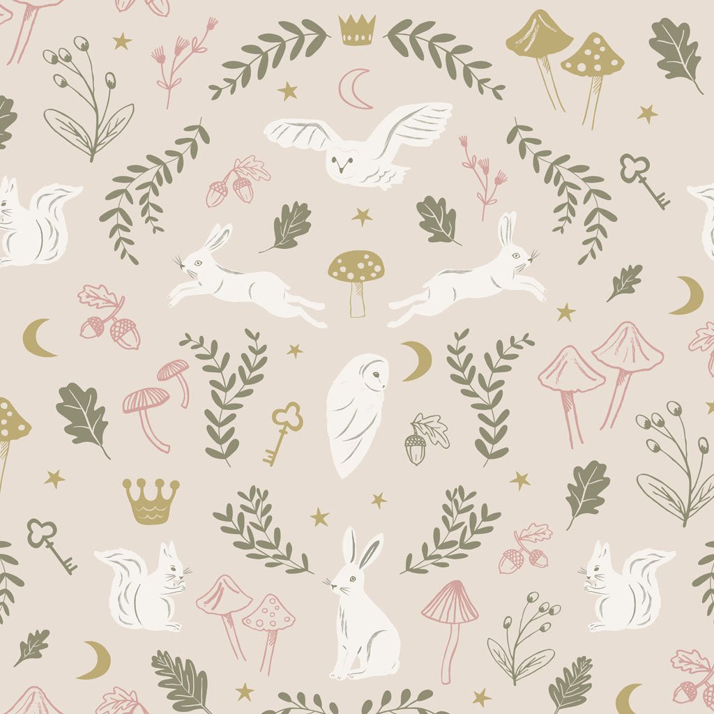 Hibou Design Woodland Wonders Wallpaper - Dusty Pink/Olive – for children, available at Learning Bugs UK