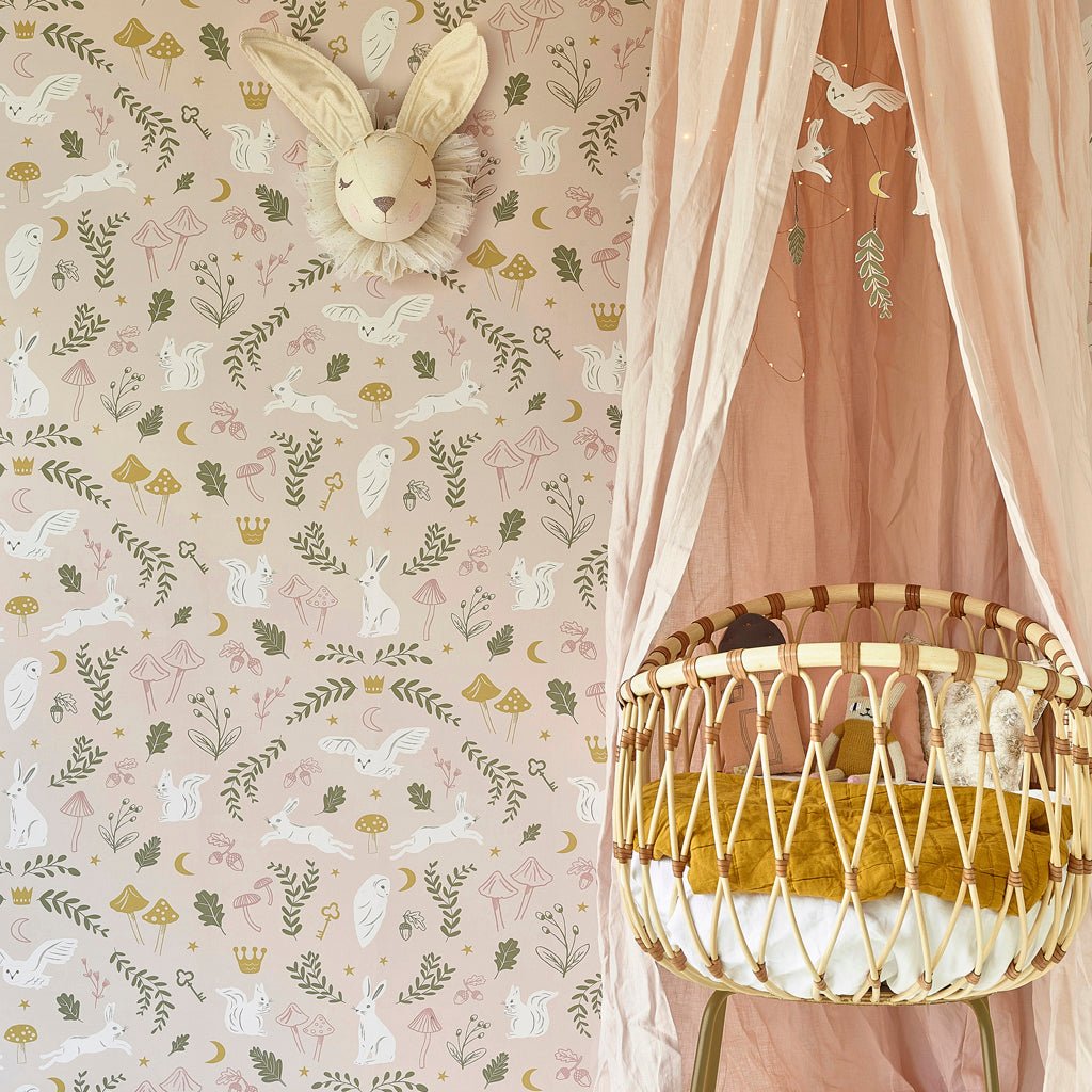 Hibou Design Woodland Wonders Wallpaper - Dusty Pink/Olive – for children, available at Learning Bugs UK