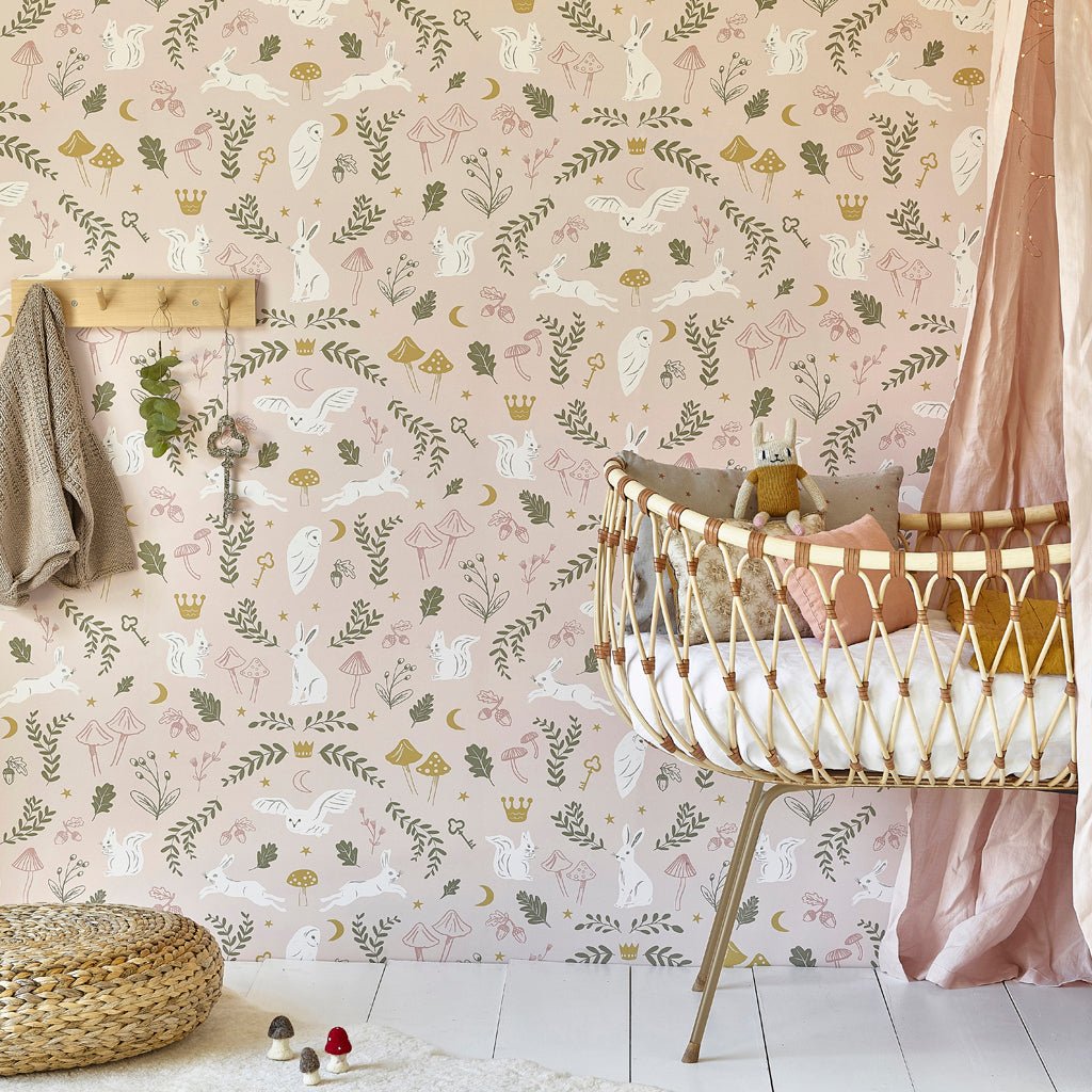 Hibou Design Woodland Wonders Wallpaper - Dusty Pink/Olive – for children, available at Learning Bugs UK