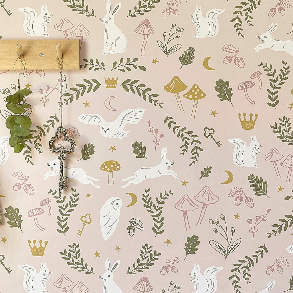 Hibou Design Woodland Wonders Wallpaper - Dusty Pink/Olive – for children, available at Learning Bugs UK