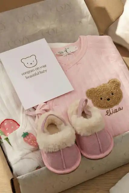 The Cozy Pink Boucle Baby Bear & Strawberry Personalised Gift Box – Gift Sets for children, available at Learning Bugs UK
