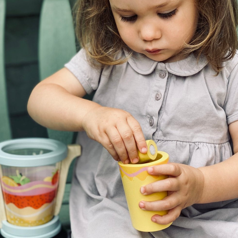 Fruity Blender – Wooden toy smoothie maker for children, available at Learning Bugs UK