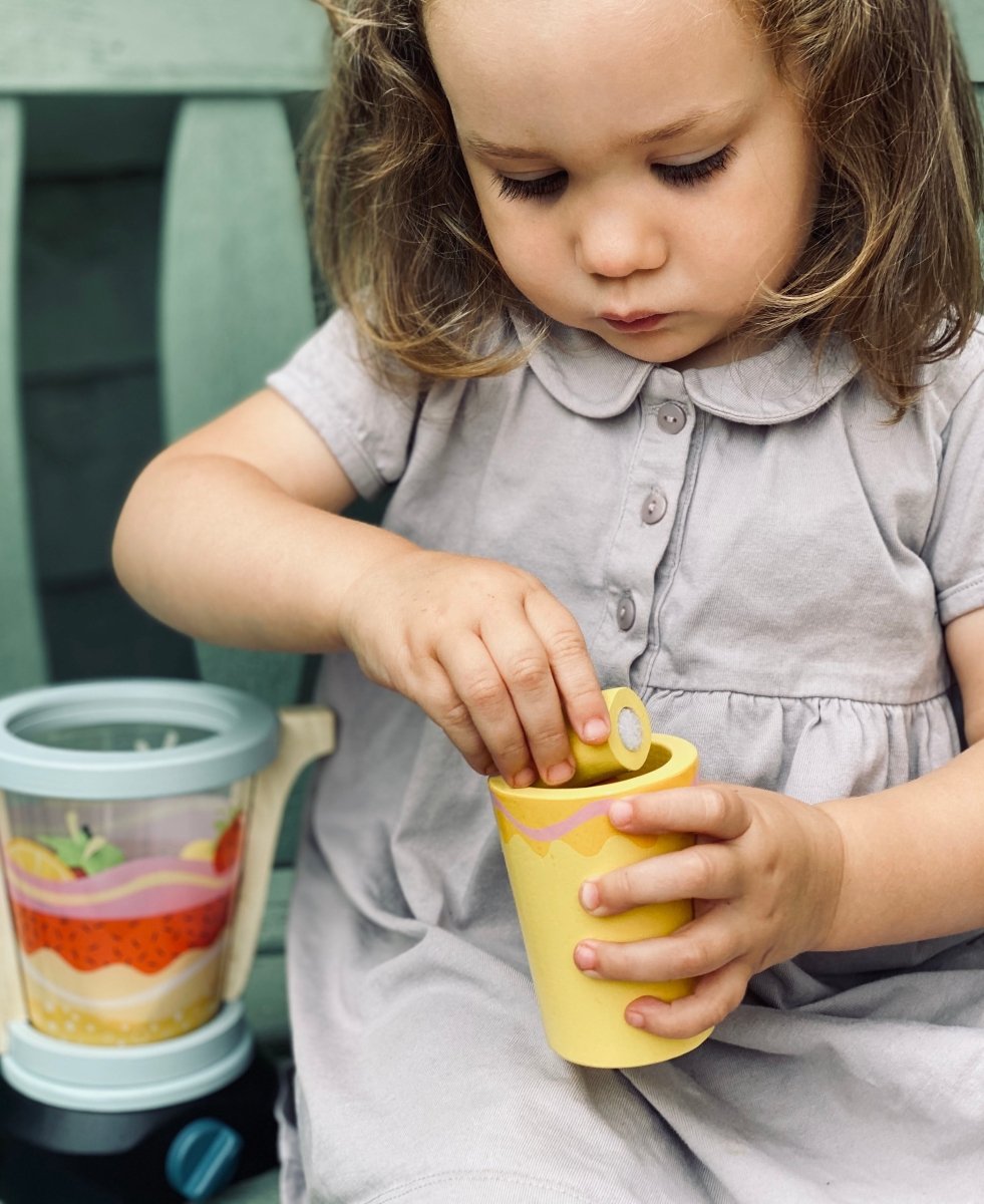 Fruity Blender – Wooden toy smoothie maker for children, available at Learning Bugs UK