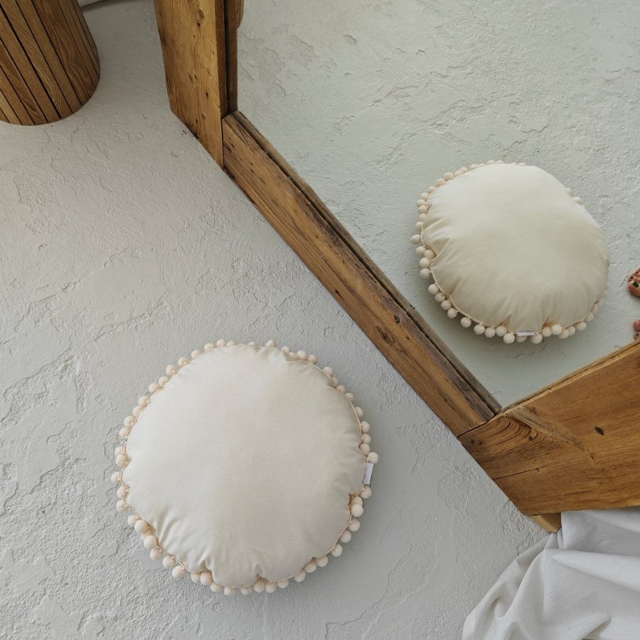 MINICAMP Throw Pillow in Ecru with Pompom trim – Decorative Pillows for children, available at Learning Bugs UK