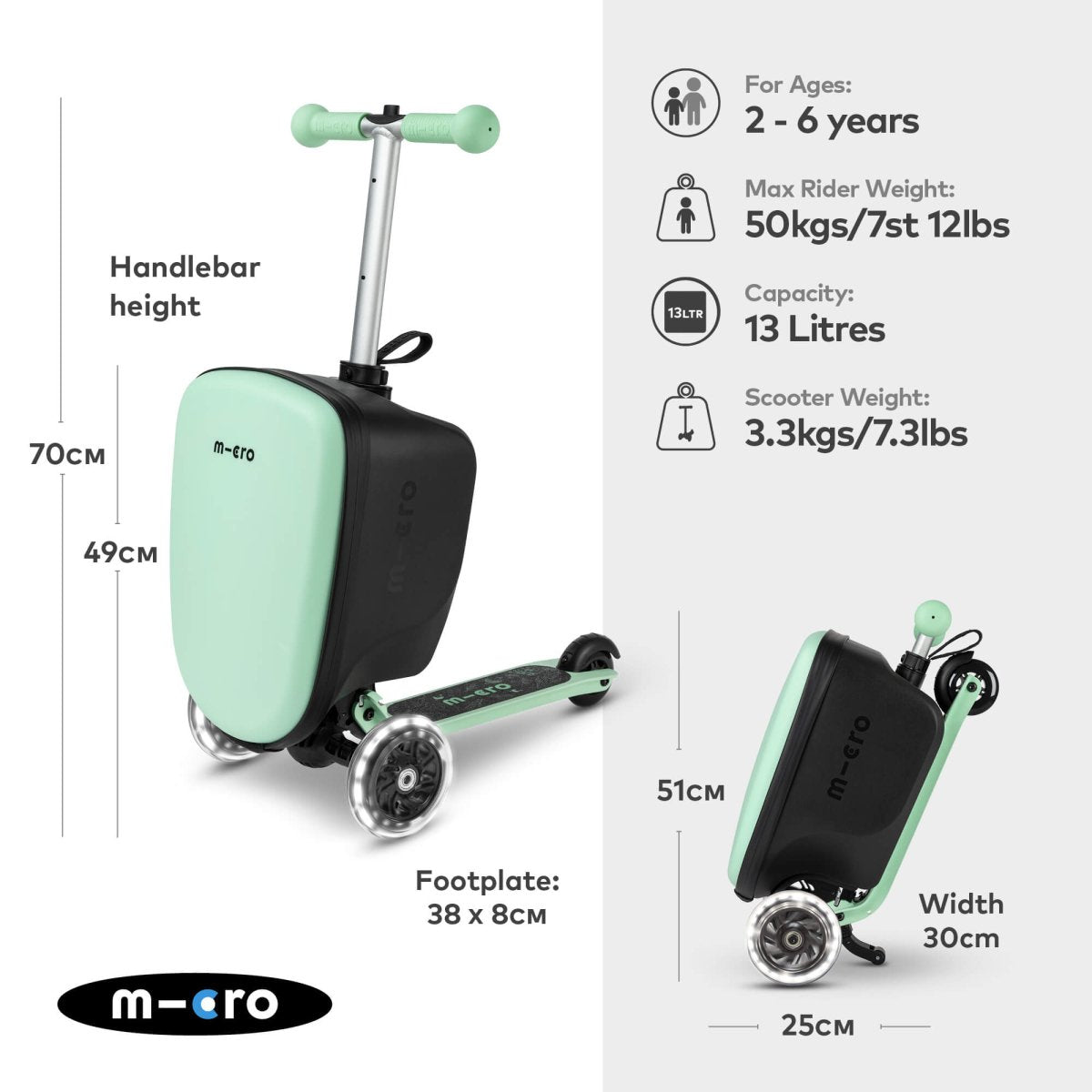 Micro Scooters Mini Micro LED Luggage – Suitcase Scooters for children, available at Learning Bugs UK