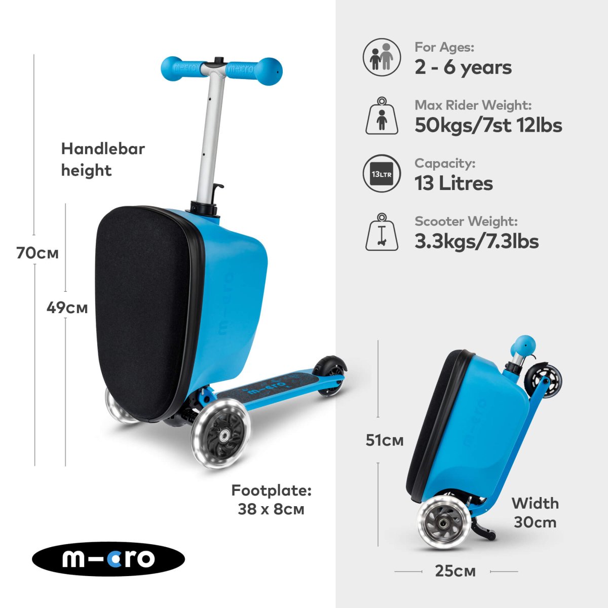 Micro Scooters Mini Micro LED Luggage – Suitcase Scooters for children, available at Learning Bugs UK
