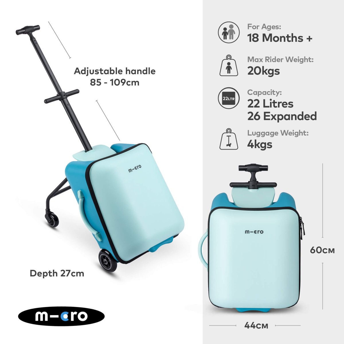 Micro Scooters Eazy Ride On Luggage – Suitcase Scooters for children, available at Learning Bugs UK