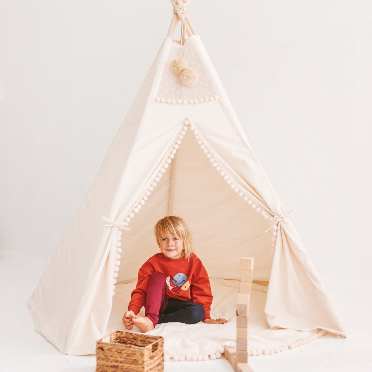 MINICAMP Extra Large Kids Teepee Tent with Pom Pom Decor – XL Teepees for children, available at Learning Bugs UK