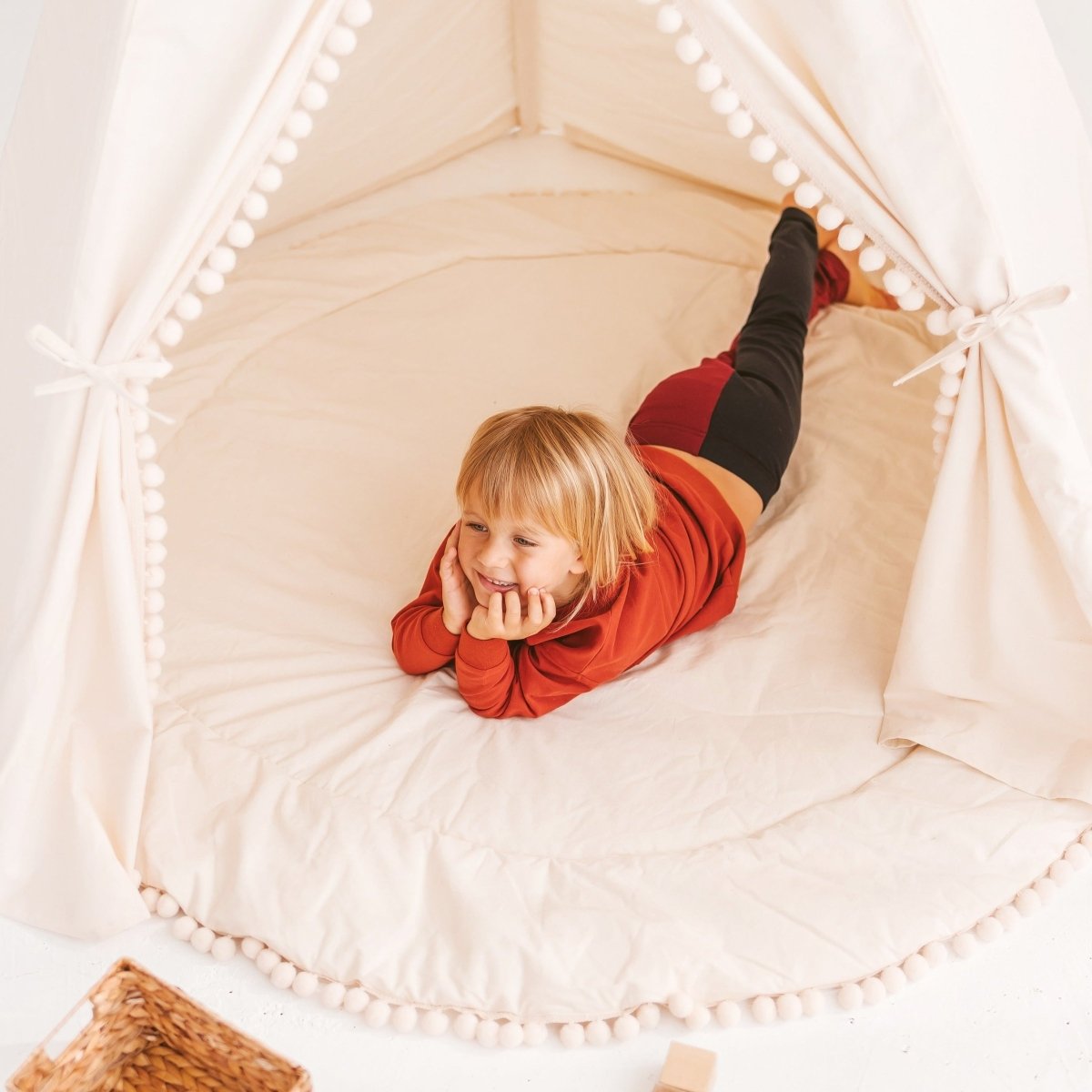 MINICAMP Extra Large Kids Teepee Tent with Pom Pom Decor – XL Teepees for children, available at Learning Bugs UK
