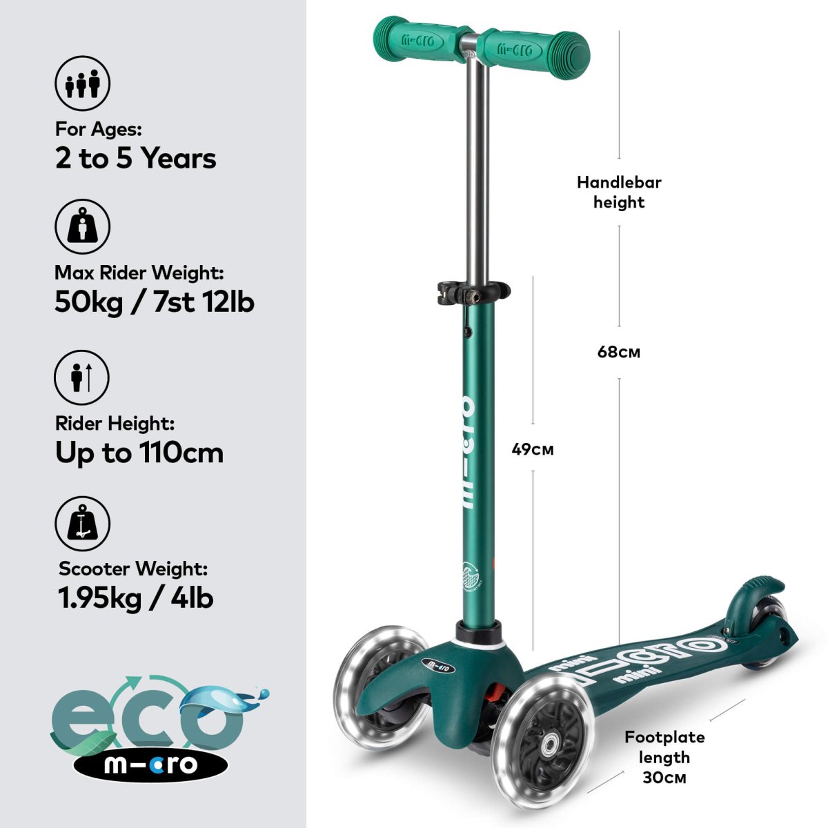 Mini Micro Scooter Deluxe ECO LED - Green – for children, available at Learning Bugs UK