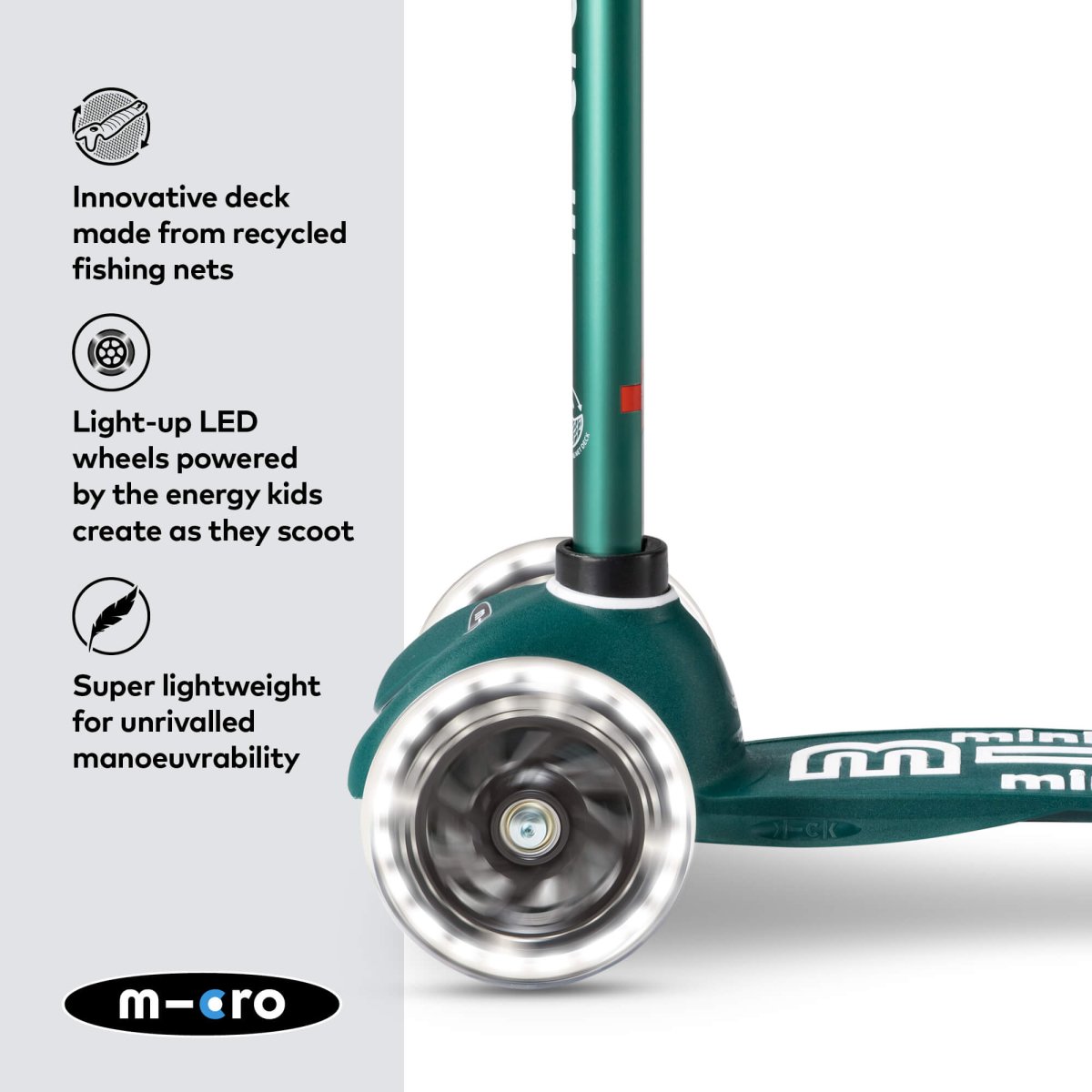 Mini Micro Scooter Deluxe ECO LED - Green – for children, available at Learning Bugs UK