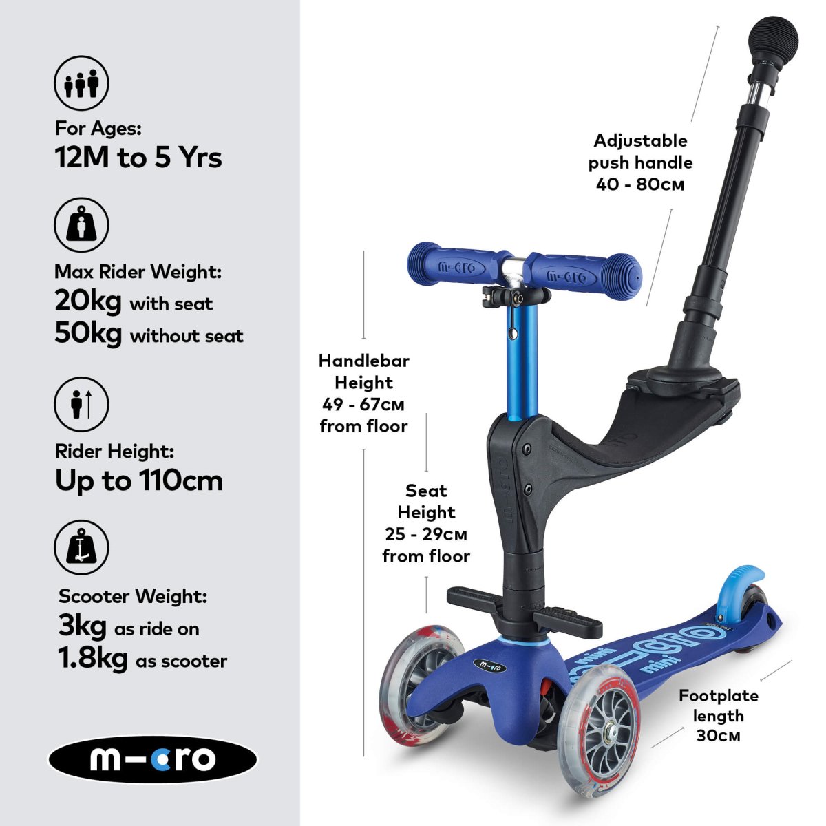 Micro Scooters Mini Micro 3-in-1 Deluxe Plus Scooter – Scooters for children, available at Learning Bugs UK