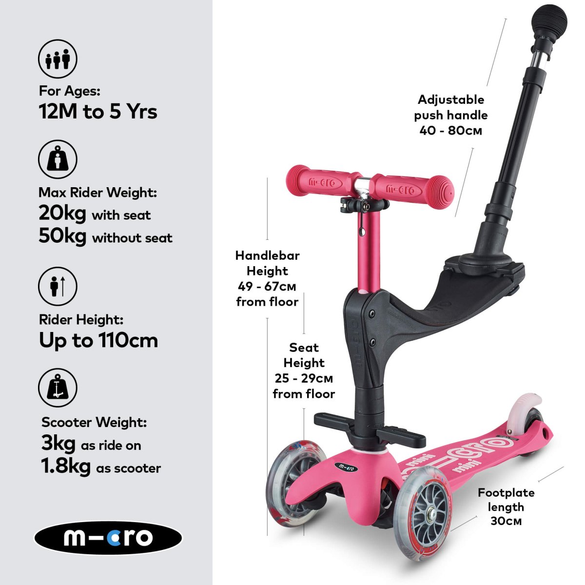 Micro Scooters Mini Micro 3-in-1 Deluxe Plus Scooter – Scooters for children, available at Learning Bugs UK