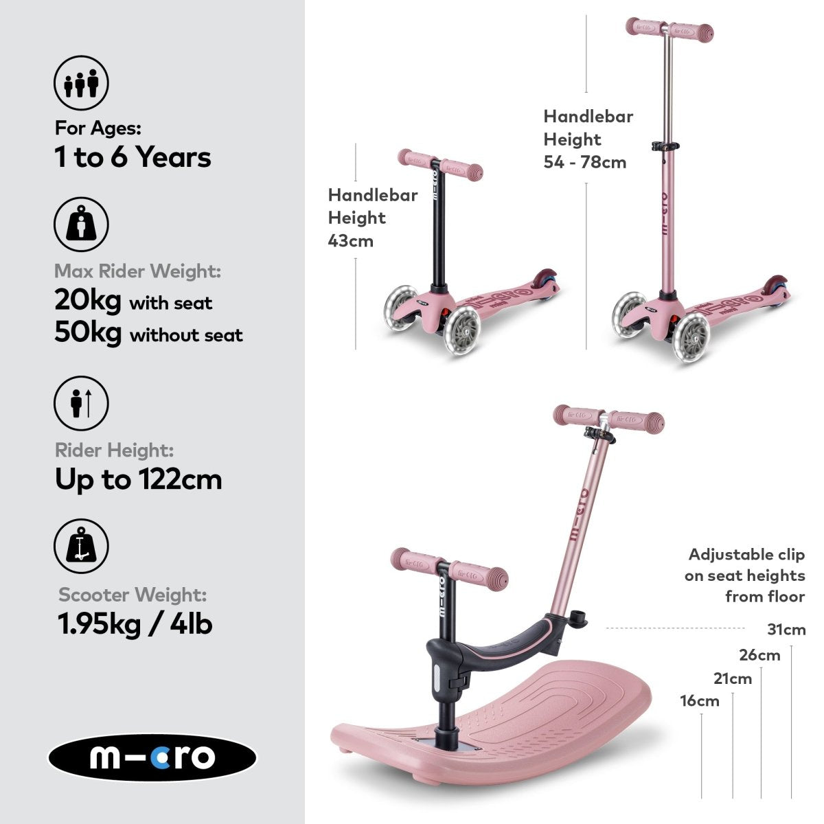 Micro Scooters Mini Micro 6-in-1 Rock & Go Scooter – Scooters for children, available at Learning Bugs UK